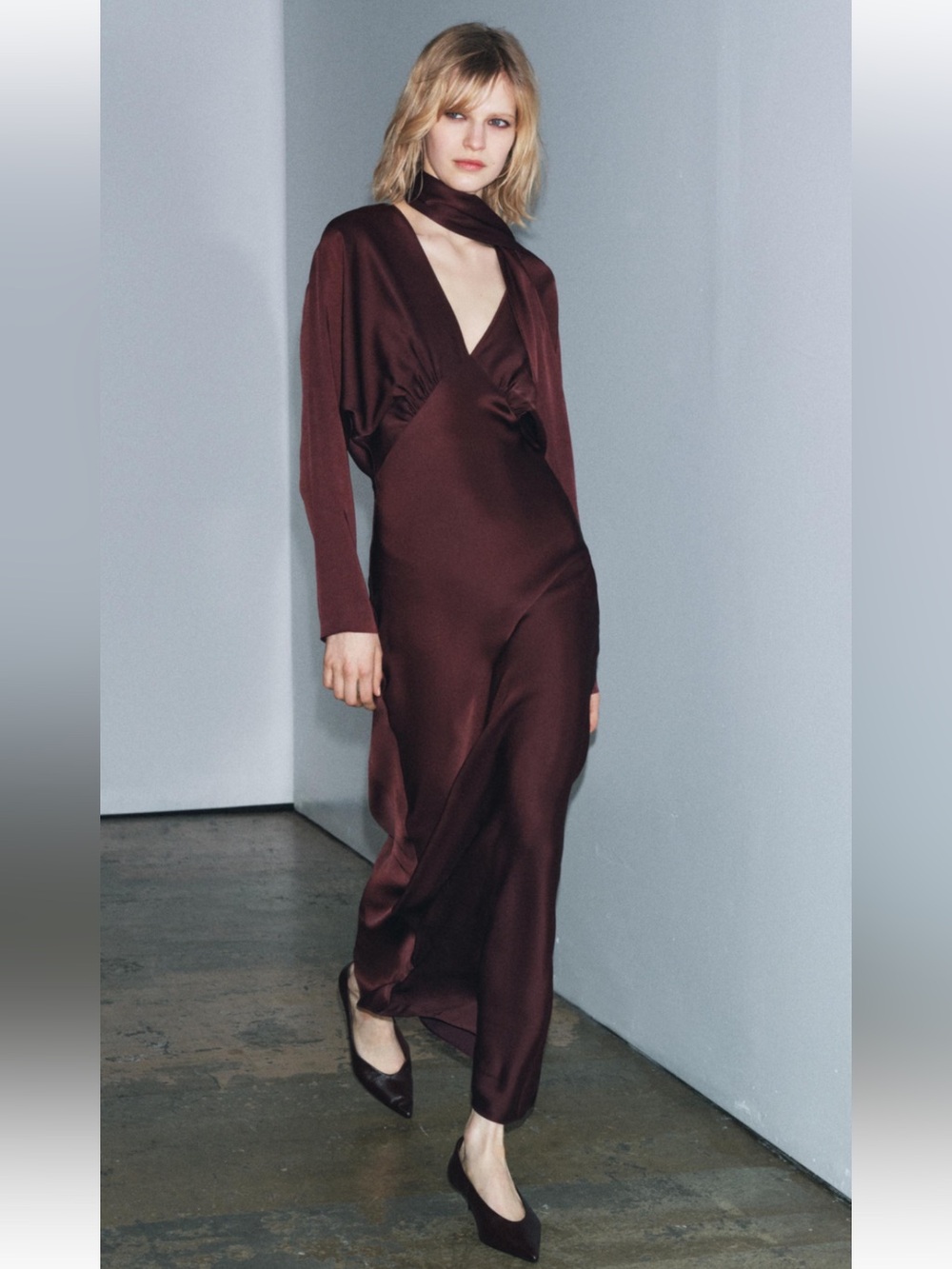 Zara Burgundy Satin V-Neck Maxi Dress with Neck Scarf